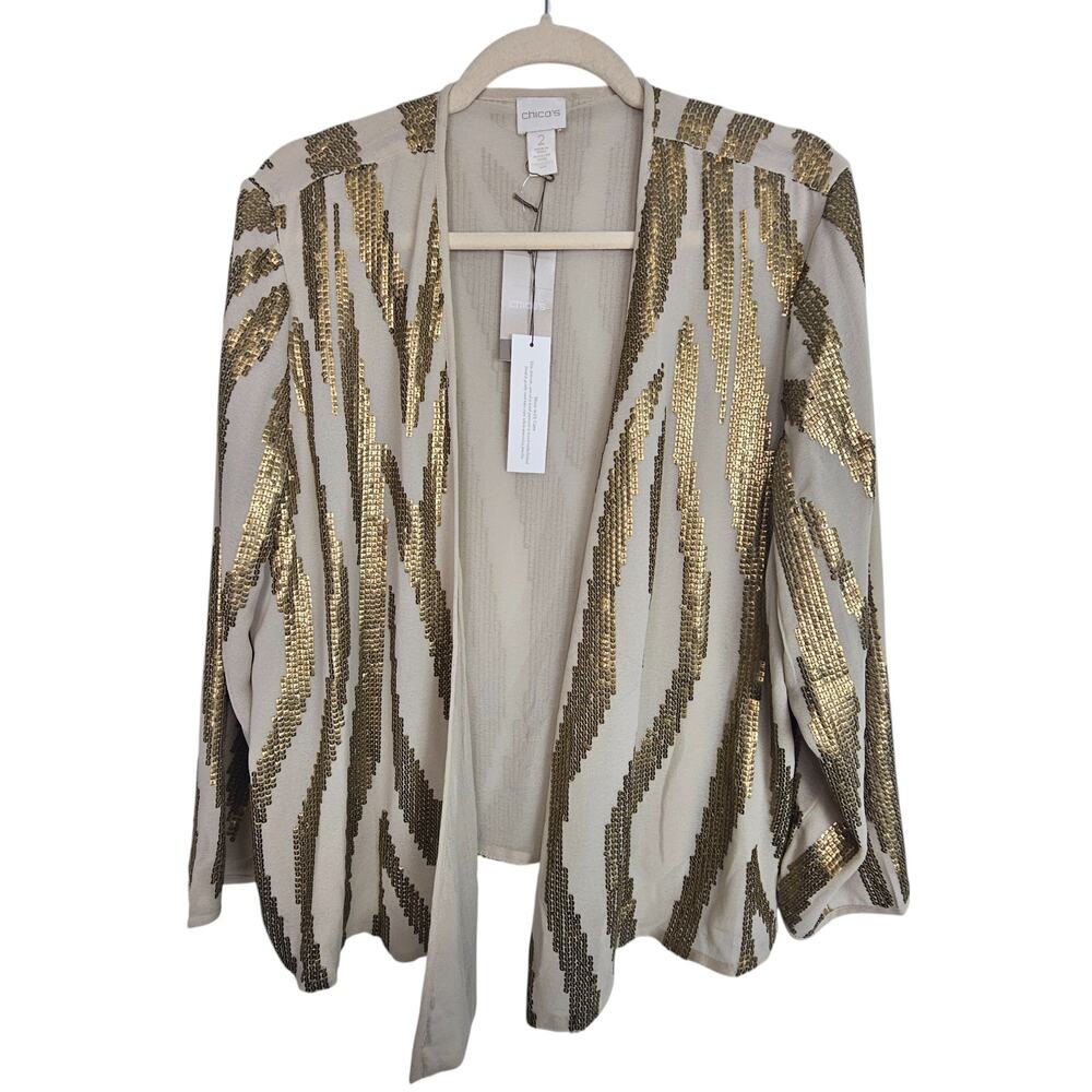 Chicos Sequin Zebra Print Cardigan Embellished Artisan Jacket Size L Open Front
